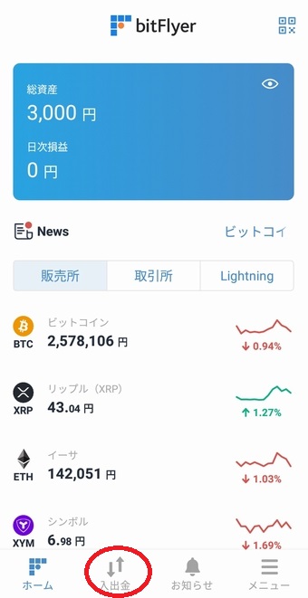 ビットフライヤー日本円口座に入金